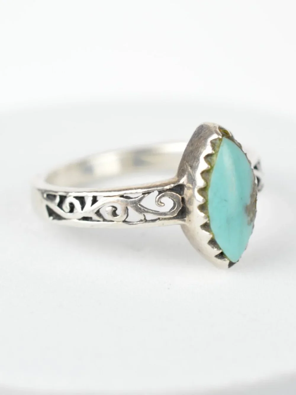 925 Sterling Silver Turquoise Ring Size 4.75 Marquise Boho Filigree Band 2g